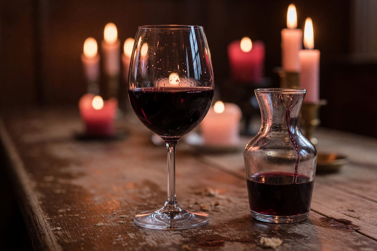 Ein Glas Blaufränkisch im Kerzenlicht auf einem Holztisch