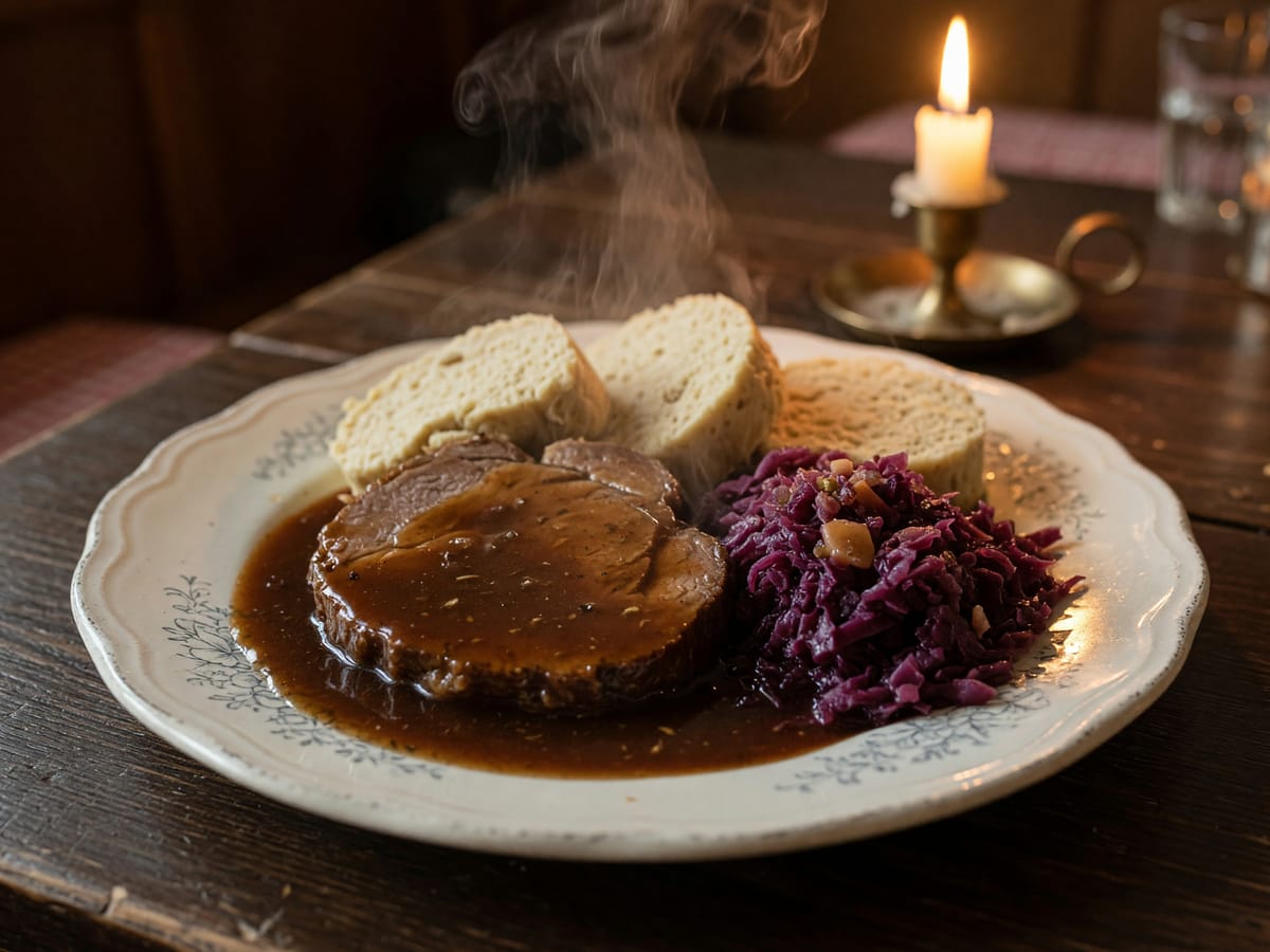Deftiger Braten mit Knödel und Rotkraut in warmem Kerzenlicht