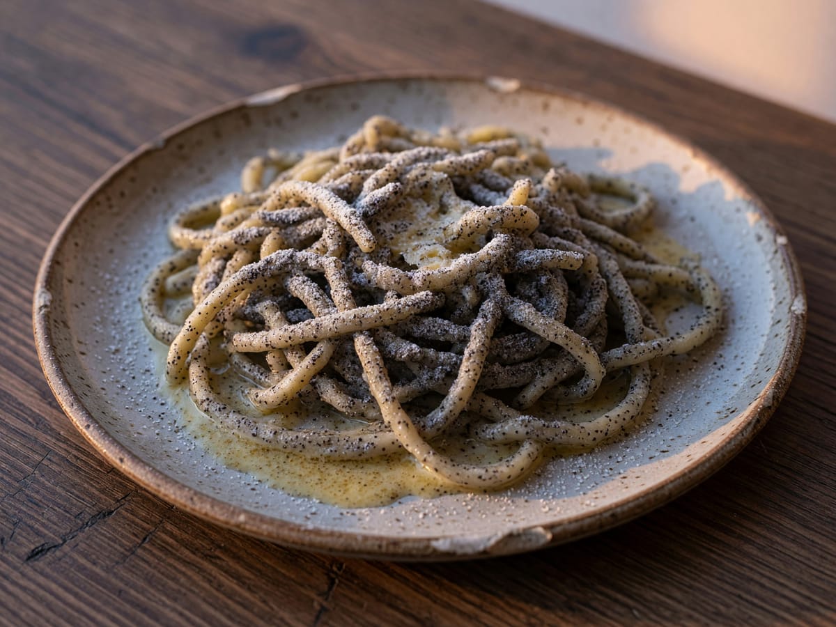 Mohnnudeln mit Mohn, Staubzucker und brauner Butter