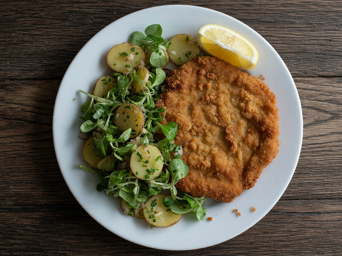Goldgelb gebackenes Wiener Schnitzel mit Erdäpfel-Vogerlsalat